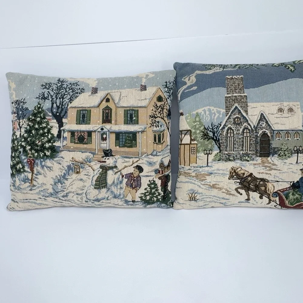 Christmas Tapestry Throw Pillow‎ Snowman Winter Scene House Church Woven Holiday